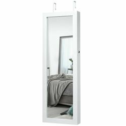 HW54403WH Lockable Wall Mount Mirrored Jewelry Cabinet with LED Lights, White