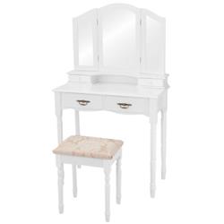 HW65974WH Simple Vanity Set with Tri-Folding Mirror Drawer & Storage Shelf, White