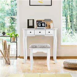 HW66024WH Dressing Table Set with Oval Mirror Stool & 5 Storage Drawer, White