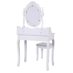 HW66041WH Vanity Table Set with Cushioned Stool with 360 deg Rotating Oval Mirror & Three Drawer, White -  Total Tactic