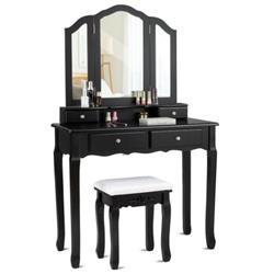 HW66043BK Tri Folding Mirror Vanity Table Stool Set with 4 Drawer & Cushioned Stool, Black -  Total Tactic