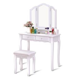 HW66043WH Tri Folding Mirror Vanity Table Stool Set with 4 Drawer & Cushioned Stool, White -  Total Tactic