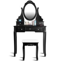HW66044BK Wooden Vanity Set with 360 deg Rotating Oval Mirror & Cushioned Stool, Black