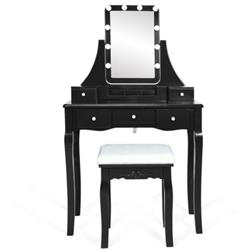 HW66047US-BK 10 Dimmable Light Bulbs Vanity Dressing Table with 2 Dividers & Cushioned Stool, Black