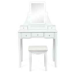 HW66047US-WH 10 Dimmable Light Bulbs Vanity Dressing Table with 2 Dividers & Cushioned Stool, White