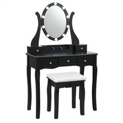 HW66048US-BK 10 Dimmable Lights Vanity Table Set with Lighted Mirror & Cushioned Stool, Black