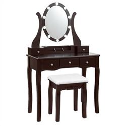 HW66048US-CF 10 Dimmable Lights Vanity Table Set with Lighted Mirror & Cushioned Stool, Coffee