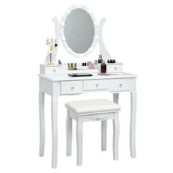 HW66048US-WH 10 Dimmable Lights Vanity Table Set with Lighted Mirror & Cushioned Stool, White -  Total Tactic