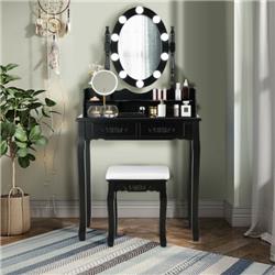 HW66050US-BK Makeup Dressing Table with Touch Switch Lighted Mirror & Cushioned Stool, Black