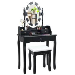 HW66052US-BK Oval Mirror Vanity Set with 10 LED Dimmable Bulbs & 3 Drawers, Black