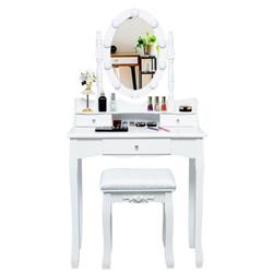 HW66052US-WH Oval Mirror Vanity Set with 10 LED Dimmable Bulbs & 3 Drawers, White