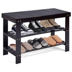 HW66058BK 3-Tier Bamboo Bench Storage Shoe Shelf, Black