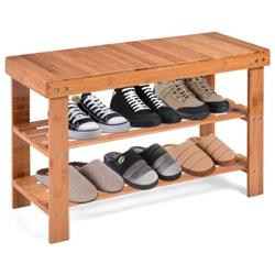 HW66058NA 3-Tier Bamboo Bench Storage Shoe Shelf, Natural