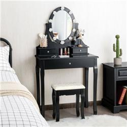 HW66078BK 3 Drawer Lighted Mirror Vanity Dressing Table Stool Set, Black
