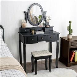 HW66079BK 5 Drawer Vanity Table Stool Set with 12-LED Bulbs, Black