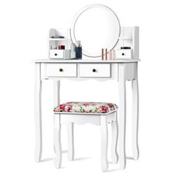 HW66130WH Makeup Vanity Set Girls Dressing Table with Drawer Oval Mirror, White