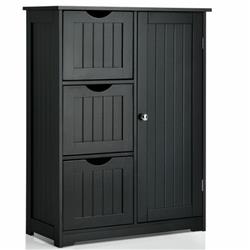 HW66236BK Bathroom Floor Cabinet Side Storage Cabinet with 3 Drawer & 1 Cupboard, Black