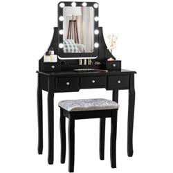 HW66402US-BK Vanity Dressing Table Set with 10 Dimmable Bulbs & Cushioned Stool, Black