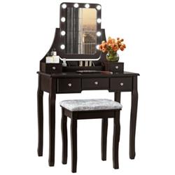 HW66402US-CF Vanity Dressing Table Set with 10 Dimmable Bulbs & Cushioned Stool, Brown