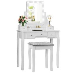 HW66402US-WH Vanity Dressing Table Set with 10 Dimmable Bulbs & Cushioned Stool, White