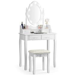 HW66403US-WH Makeup Vanity Dressing Table Set with Dimmable Bulbs Cushioned Stool, White