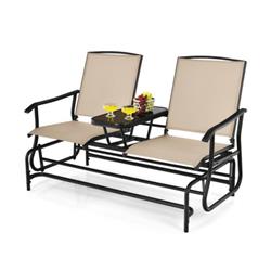 OP70357BE 2-Person Double Rocking Loveseat Sofs with Mesh Fabric & Center Tempered Glass Table, Beige