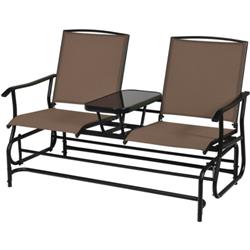 OP70357CF 2-Person Double Rocking Loveseat Sofs with Mesh Fabric & Center Tempered Glass Table, Brown