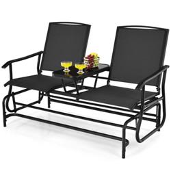 OP70357DK 2-Person Double Rocking Loveseat Sofs with Mesh Fabric & Center Tempered Glass Table, Black