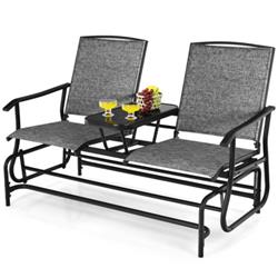OP70357GR 2-Person Double Rocking Loveseat Sofs with Mesh Fabric & Center Tempered Glass Table, Gray