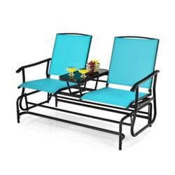 OP70357TU 2-Person Double Rocking Loveseat Sofs with Mesh Fabric & Center Tempered Glass Table, Turquoise