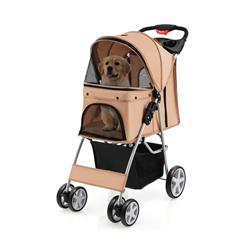 Picture of Costway PW10039BE 87 x 46 x 102 cm Foldable 4-Wheel Pet Stroller with Storage Basket - Beige