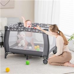 BE10016GR Portable Baby Playard with Changing Table Bassinet & Music Box, Gray