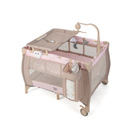 BE10016PI Portable Baby Playard with Changing Table Bassinet & Music Box, Pink