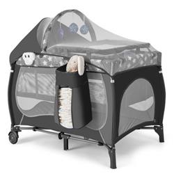 BE10022GR 5-in-1 Portable Baby Playard with Bassinet & Adjustable Canopy, Gray