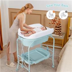 AC10011US-BL Folding Baby Changing Table with Bathtub & 4-Universal Wheels, Blue