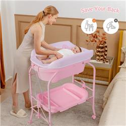 AC10011US-PI Folding Baby Changing Table with Bathtub & 4-Universal Wheels, Pink