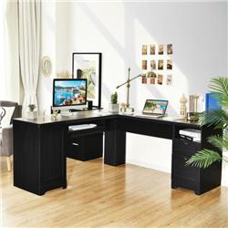CB10392BK- 66 in. L-Shaped Writing Study Workstation Computer Desk with Drawer, Black