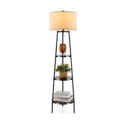 EU10087US 16 x 60 in. Shelf Floor Lamp with Storage Shelves & Linen Lamphade -  Costway