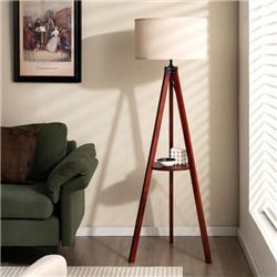 EU10100US-BN Wood Standing Tripod Floor Lamp with Flaxen Lamp Shade & E26 Lamp Base, Brown