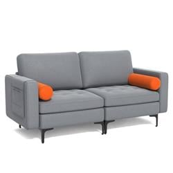 HV10310OG-A-HV10310OG-B Modern Loveseat Sofa with 2 Bolsters & Side Storage Pocket, Gray