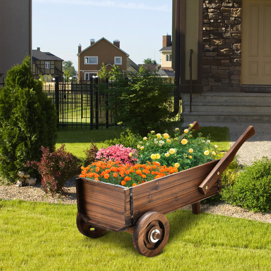 GT3929CF Wooden Wagon Planter Box with Wheels Handles & Drainage Hole, Rustic Brown