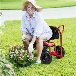 GT4030RE Cushioned Rolling Garden Cart Scooter with Storage Basket & Tool Pouch, Black & Red