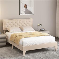 HU10422BE-Q Bed Frame with Nail Headboard & Wooden Slats, Beige - Queen Size -  Costway