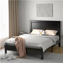 HU10440BK-Q Queen Size Bed Frame Platform Slat High Headboard with Rubber Wood Leg, Black -  Costway