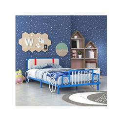 Picture of Costway HU10445 Twin Size Kids Frame Car Shaped Metal Platform Bed with Upholstered Headboard