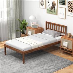 HU10481BN-T Wood Bed Frame with Headboard & Slat Support, Brown - Twin Size