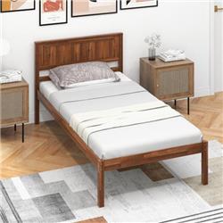 HU10482BN-T Bed Frame with Wooden Headboard & Slat Support, Brown - Twin Size