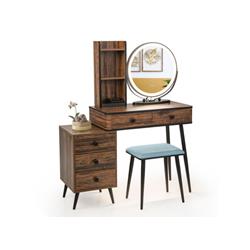 HU10332US-CF Vanity Table Set with 3-Color Lighted Mirror & Cushioned Stool, Rustic Brown