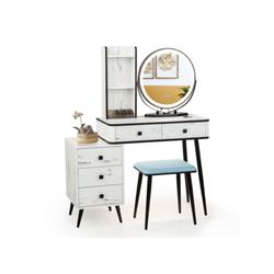 HU10332US-WH Vanity Table Set with 3-Color Lighted Mirror & Cushioned Stool, White