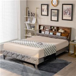 HU10345GR-Q Upholstered Bed Frame with Storage Headboard, Gray - Queen Size -  Costway